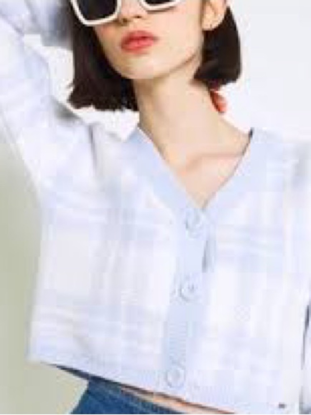 Hollister Pale Blue and White Plaid V-Neck Cropped Cardigan